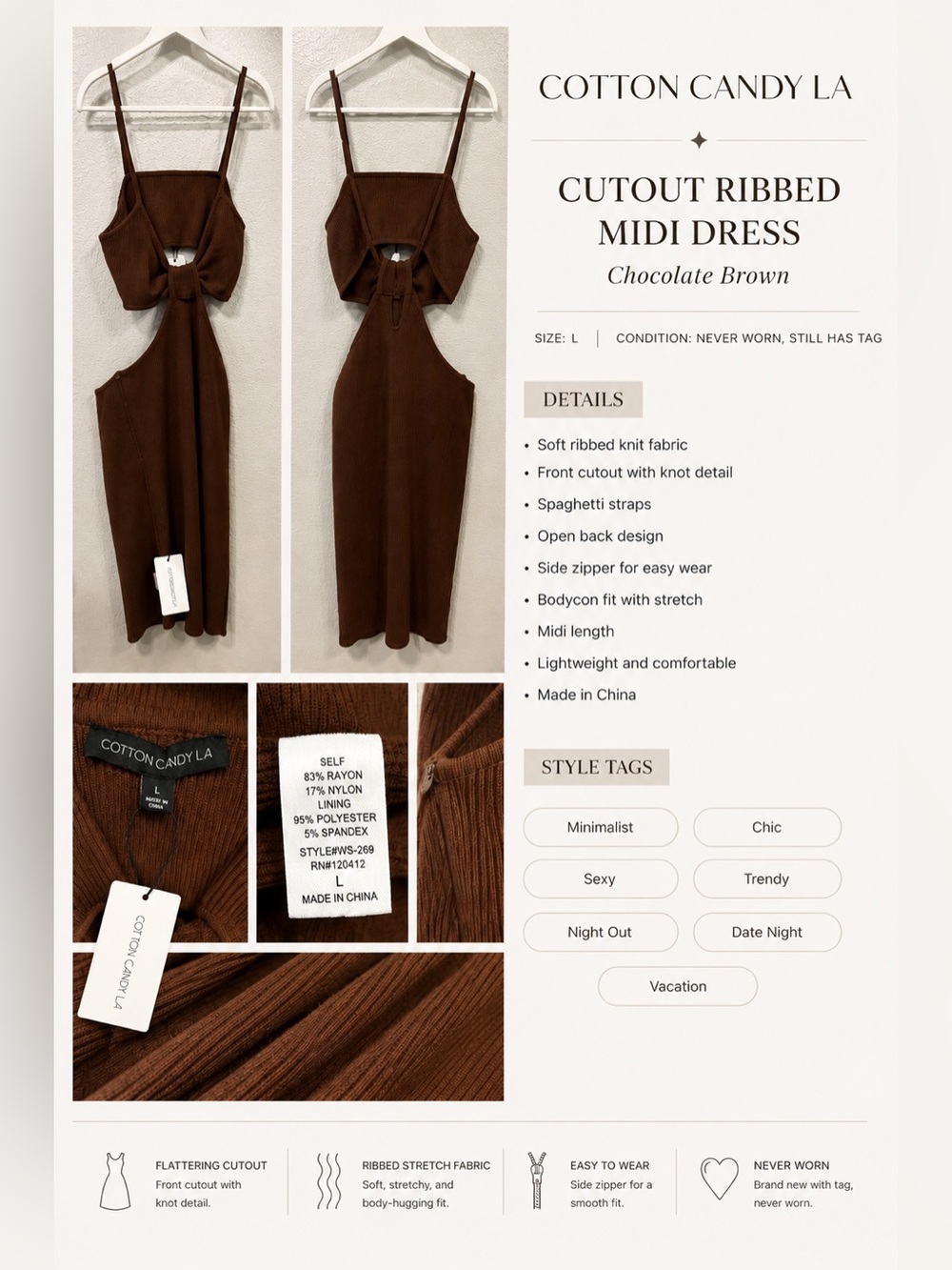 Cotton Candy Cutout Ribbed Midi Dress - Chocolate Brown